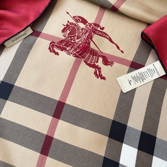 Display # 1 Burberry Scarf House Check Beige Red Border Logo Silk Wrap - Picture 11 of 16